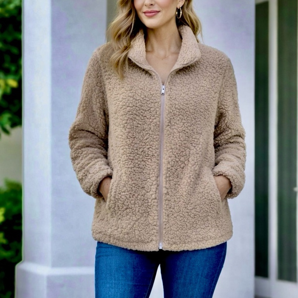 Nine West Faux Fur Tan Sherpa Teddy Zip Oversized Jacket | OVERSIZED XS
